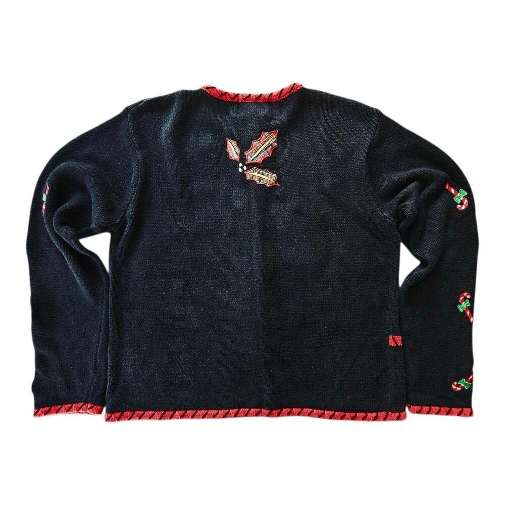Vtg Christmas Cardigan Womens M Embroidered Teddy Bear Stockings Black Novelty - Picture 2 of 8